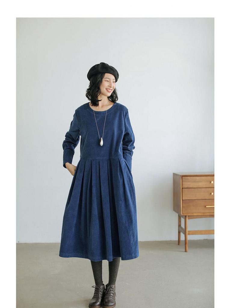 Autumn 2021 Japanese-Korean Corduroy Literary Dress - Women's Long-Sleeve Midi Skirt