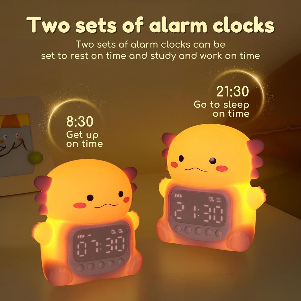 Axolotl Alarm Clock with Night Light for Kids Cute Bedroom Alarm Clock with RGB Lighting OK to Wake Clock Silicone Animal Tabletop Lamp For Teen Girls