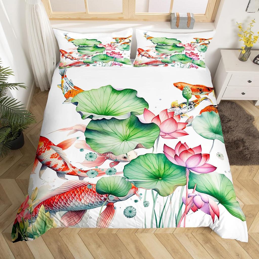 Koi Duvet Cover King Cherry Blossom Japanese Ukiyo-e Bedding Set Sakura Marine Animals Comforter Cover,Pink Romantic Quilt Cover