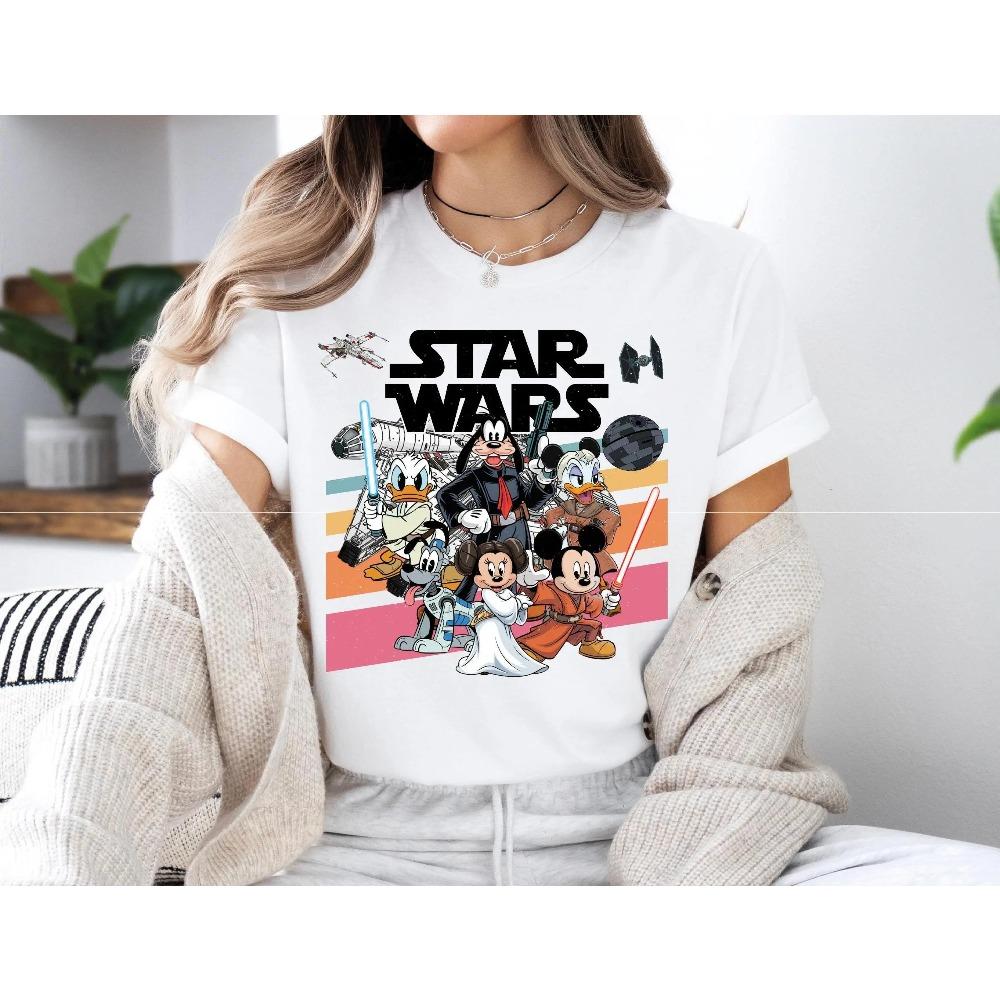 

Футболка-мікс персонажів Disney x Star Wars, Унісекс, Ретро, Науково-фантастичний, Мультяшний, Вуличний одяг, 100% Бавовна, Повсякденний, З коротким рукавом M бежевий