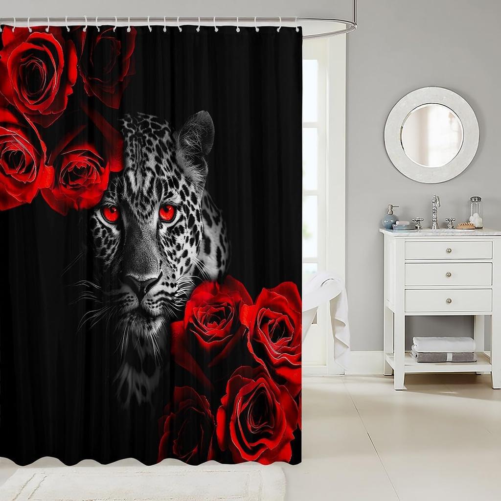 Cheetah Print Shower Curtain, African Leopard Animal Design, Red Floral Black Waterproof Panel With Hooks