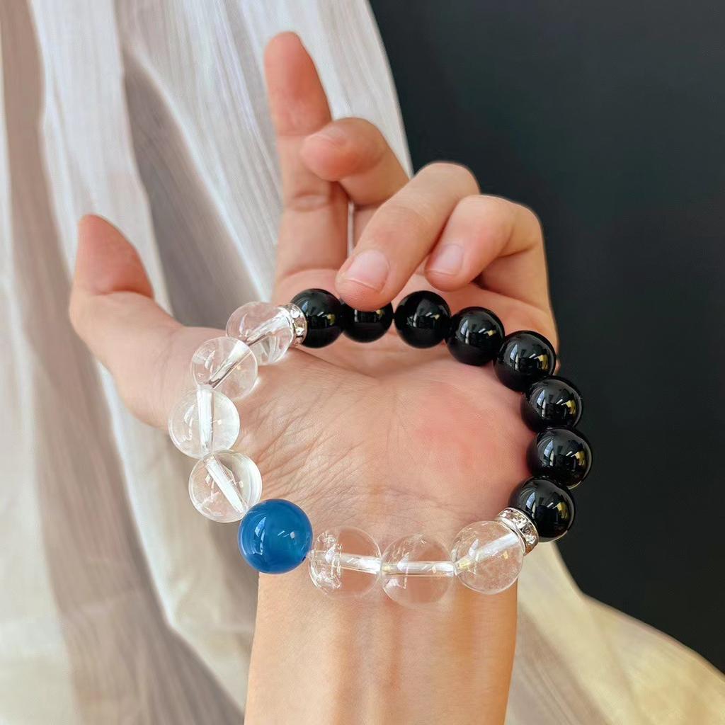 Retro 12Mm Large Particle Retro National Style Natural Black Agate Natural White Crystal Contrasting Color Bracelet Bracelet