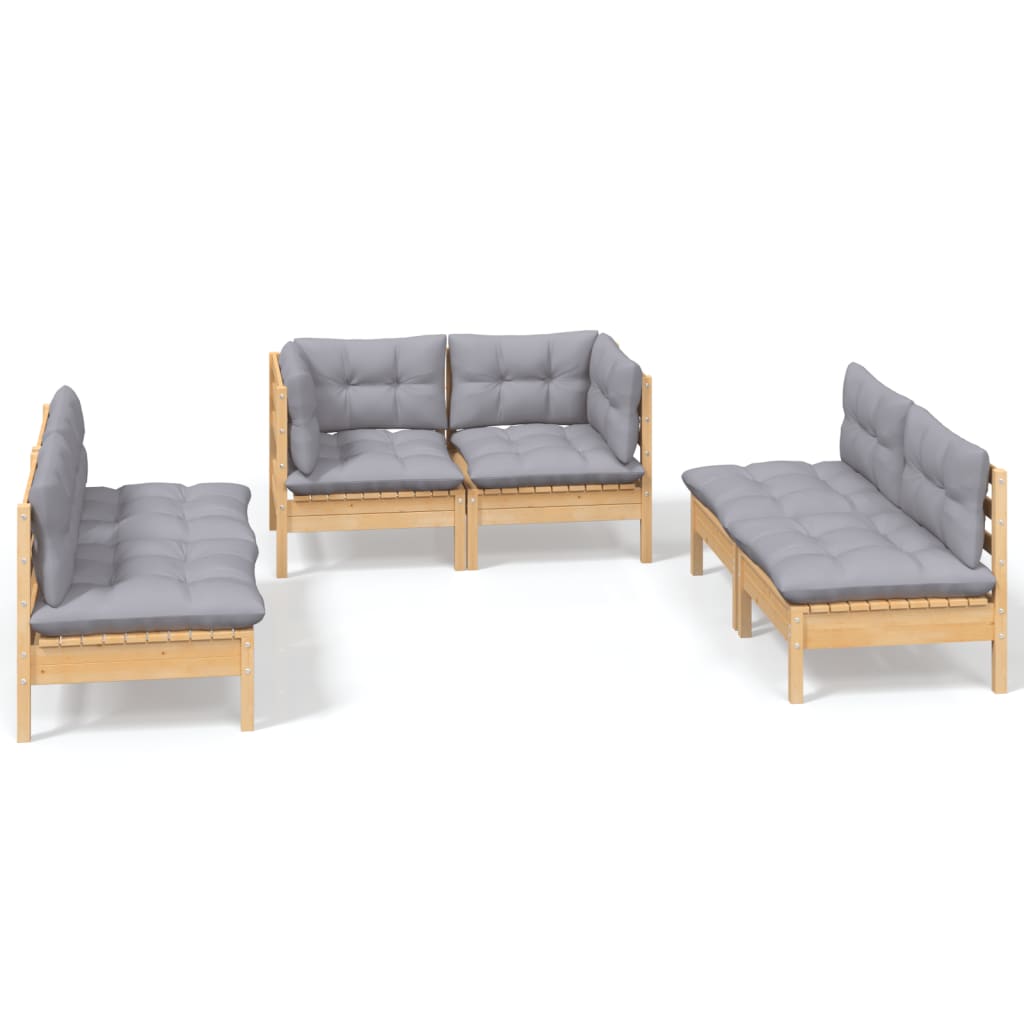 Vidaxl 6-Cz. Garden Lounge Set, Grey Cushions, Pine