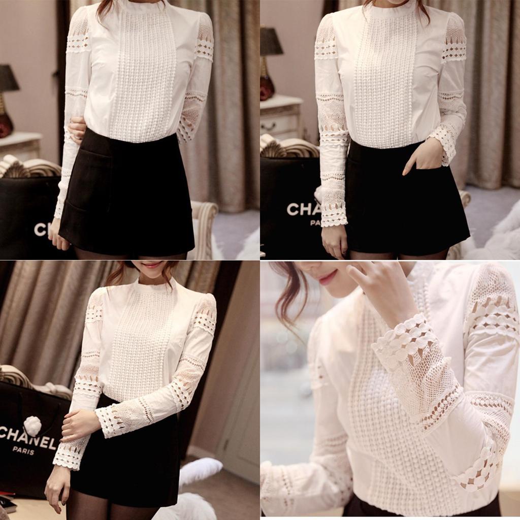 Sweet Women Hollow Out Lace Tops With Casual Long Sleeve Design And Elegant Collar Standing