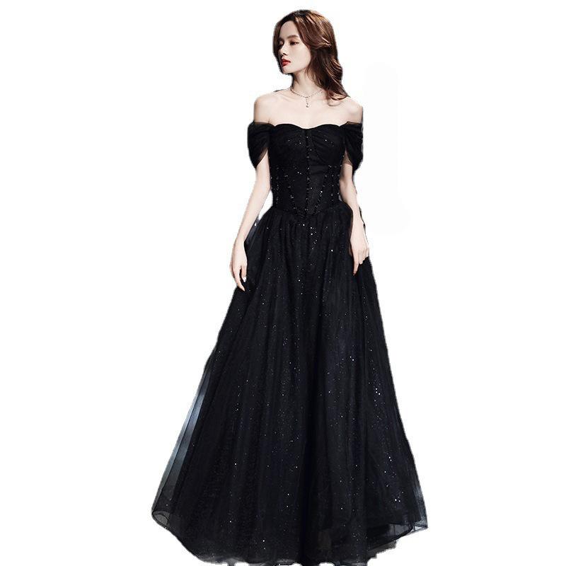 Black banquet evening dress 1011 new summer temperament niche light luxury catwalk dress party host dress