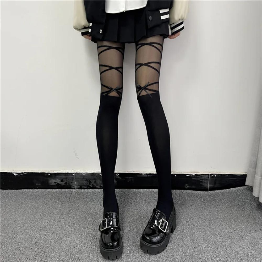 

Bowknot Straps Long Tights Socks Thin Silk Pantyhose Sexy Maid Stockings Summer чорний