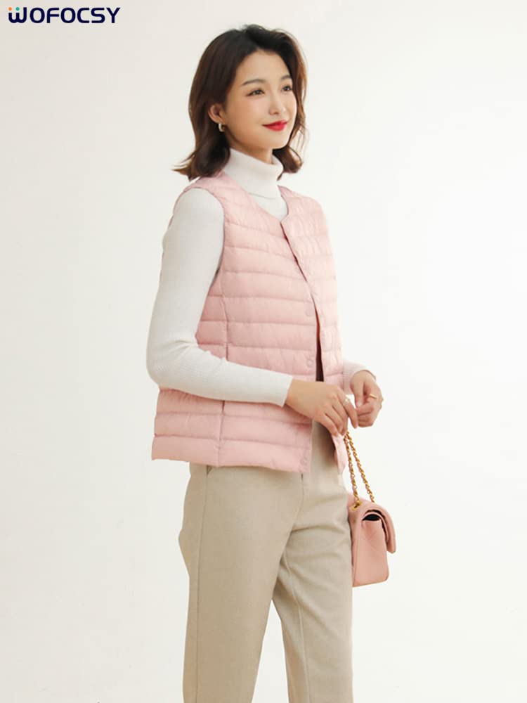 WOFOCSY Ultralight Down Vest with or Crew Lightweight and Includes Storage SY135 Women's V-Neck Neck, Warm, Pouch, (JP, Alphabet, XL, Pink)
