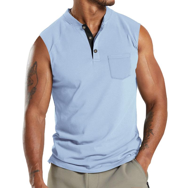 Men's Sleeveless Men's V-neck Button Sport Breathable Wide Shoulder Man T-shirt