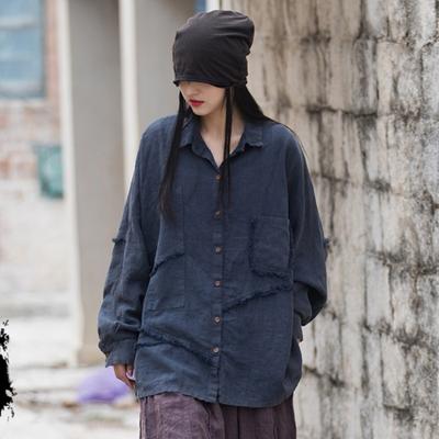 Frauen Vintage Patchwork Shirts Frühling Ramie Taste Taschen Einfarbig Tops Lose Frauen Shirts