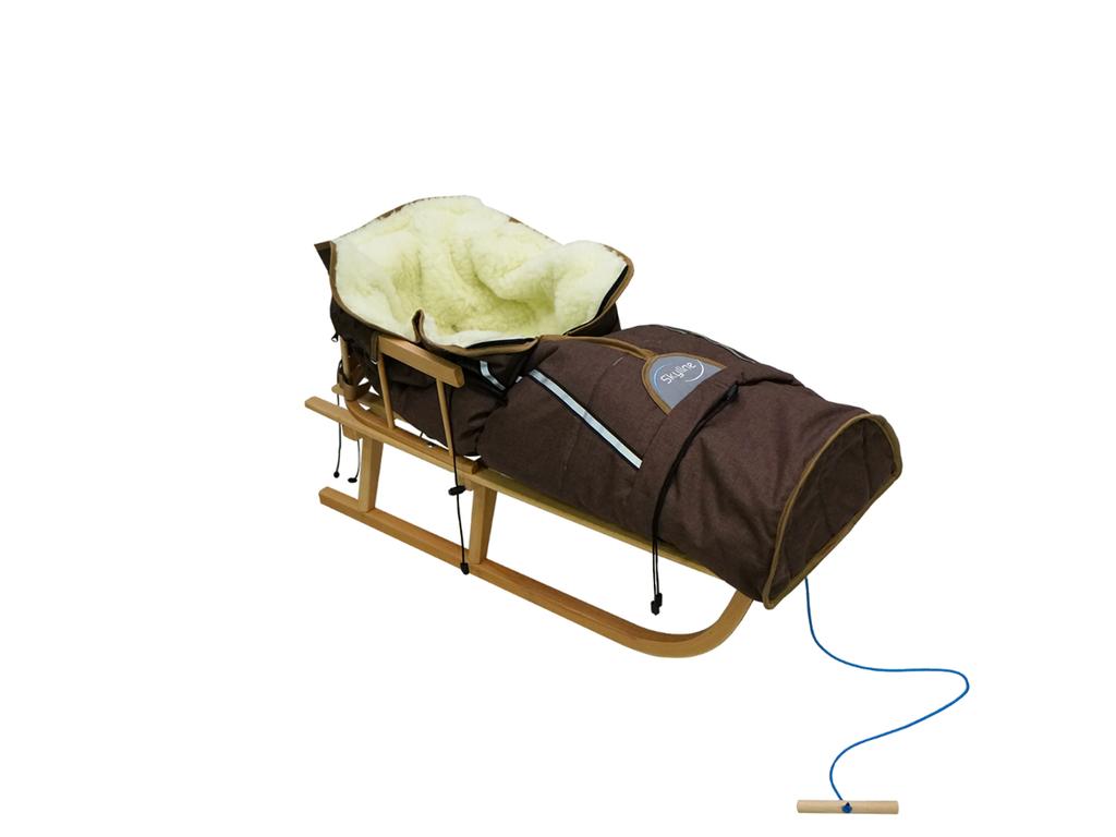Traditional Wooden Sled With Backrest And Sleeping Bag For Children, Strong Polish