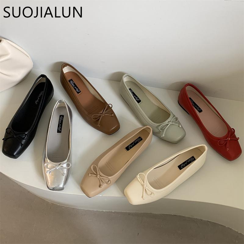 Fashion SUOJIALUN 2025 New Women Flat Shoes Fashion Square Toe Shallow Slip On Ladies Casual Ballet Shoes Soft Leather Outdoor Loafers S