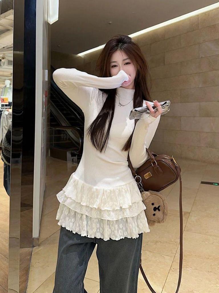Korean High Neck Women's Slim Fit T-Shirt - Thermal Fleece, Lace Trim, Autumn/Winter Style