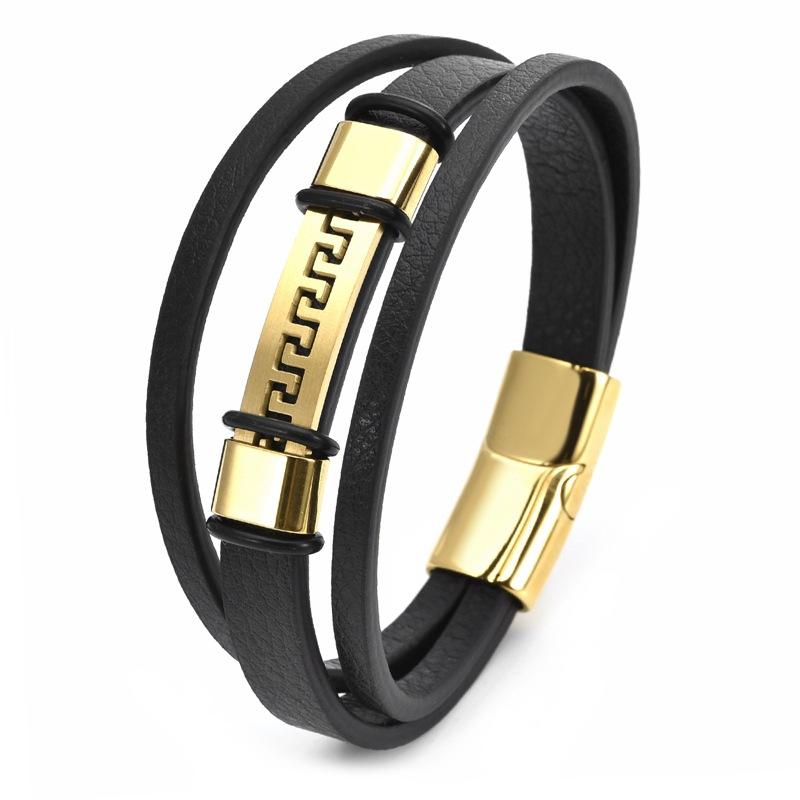 Gold Plated Stainless Steel Great Wall Patterned Leather Bracelet, Personalized Punk Magnetic Buckle, Multi-layer Leather Bracelet for Men