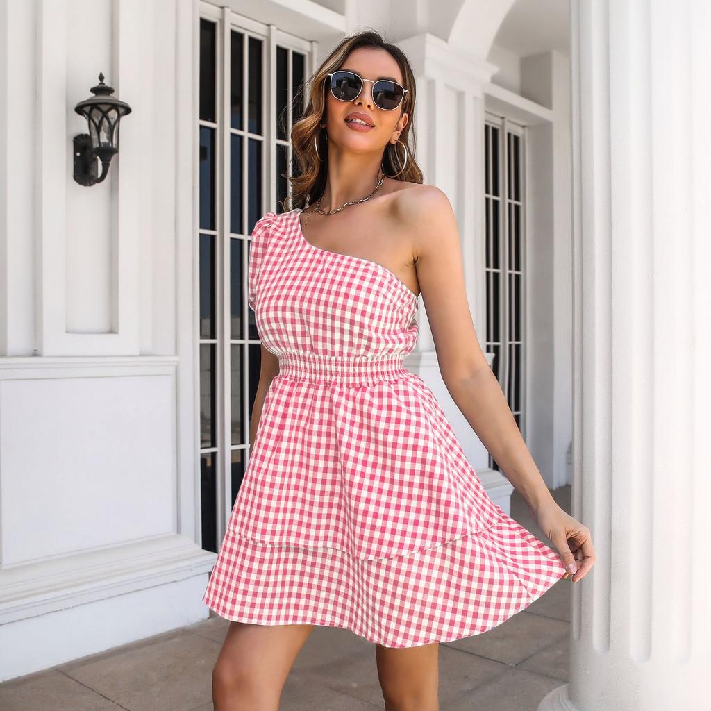 GMXIA Women's Fashion Summer Spring Plaid Print  High Waist Casual Dresses