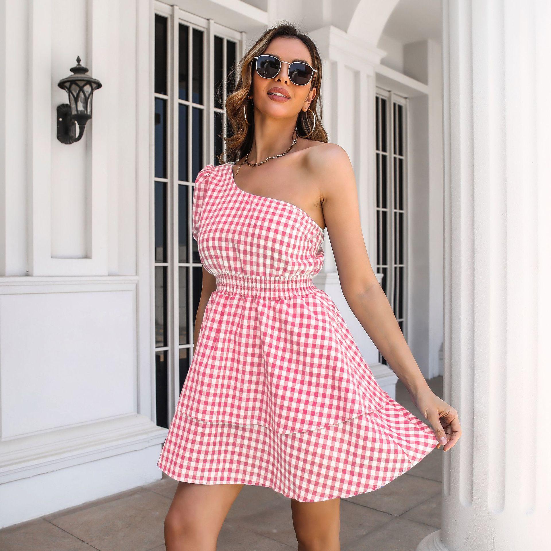 

GMXIA Женская мода лето весна клетчатый принт с высокой талией повседневные платья XL розовый