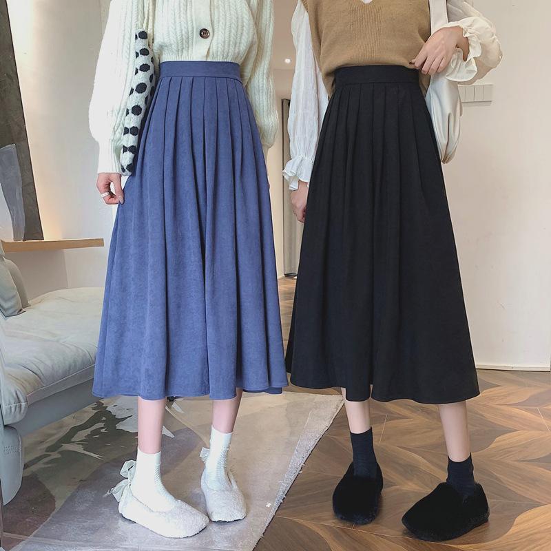 Vintage High Waist Pleated Skirt Women Korean Fashion College Style Long Skirt Ladies Autumn Casual A Line Skirts