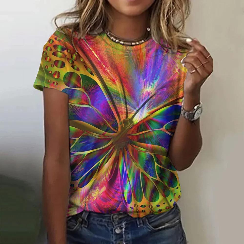 Fashionable women's T-shirt with colorful butterfly print top, 3D digital print for summer comfort 2861