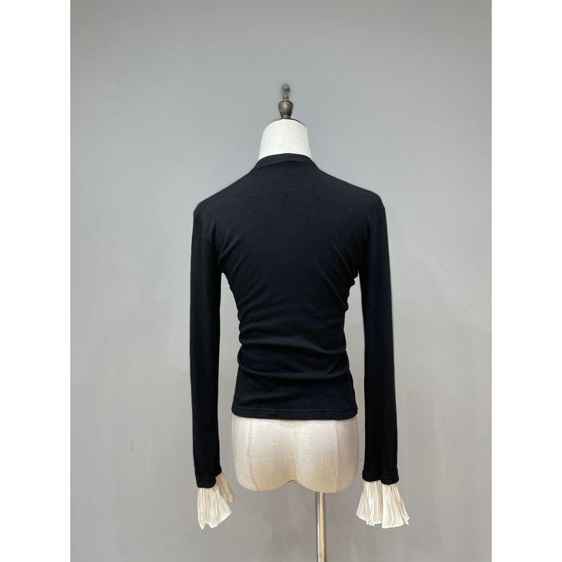 Fall 2024 New Arrival Elegant Black Half Turtleneck Ruched Micro-Pull Patchwork Mesh Base Long Sleeves