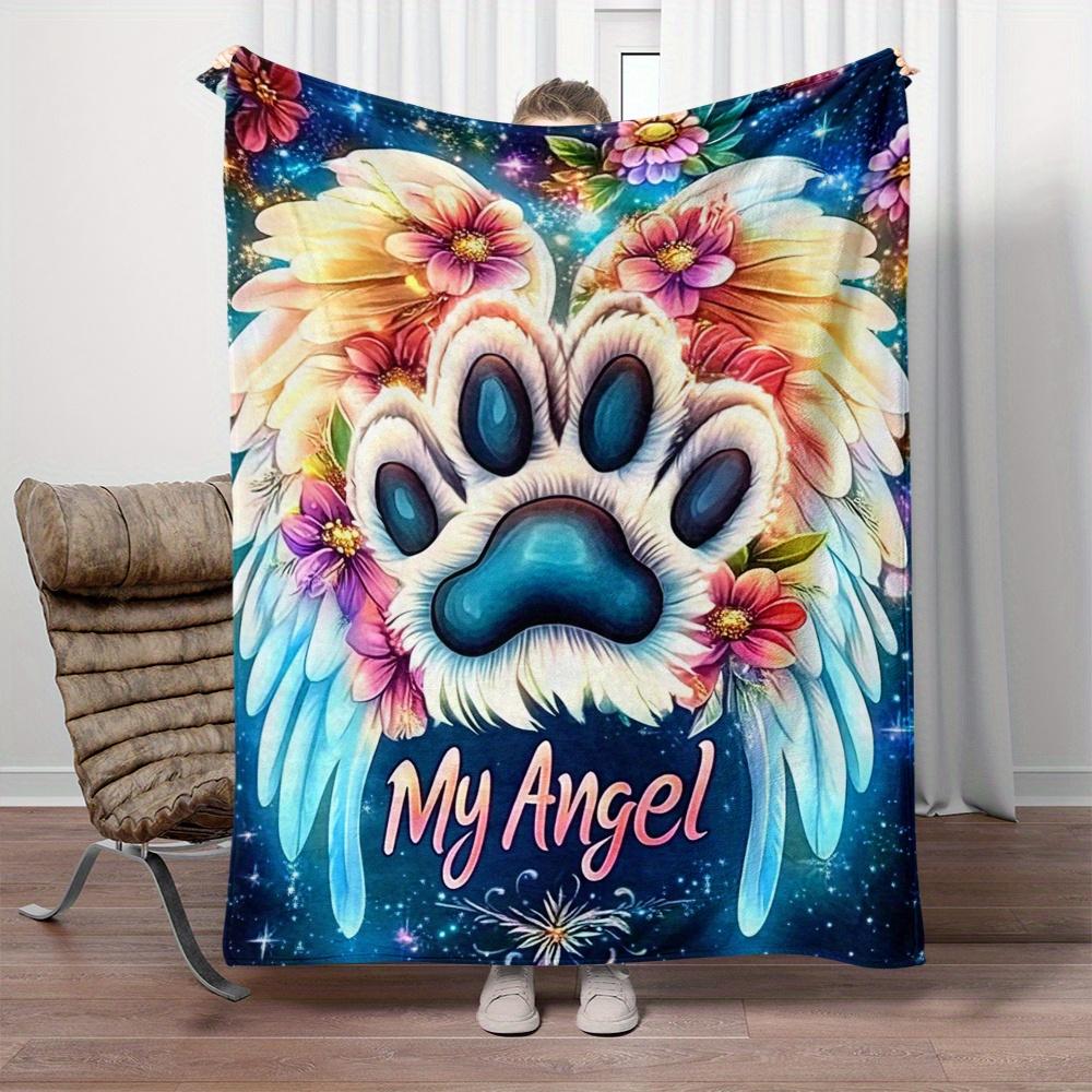 My Angel Dog Paw Wings Floral Blanket Fleece Soft Throw Pet Lover Gift Home Decor Cozy Warm Blanket for Bed Sofa Living Room