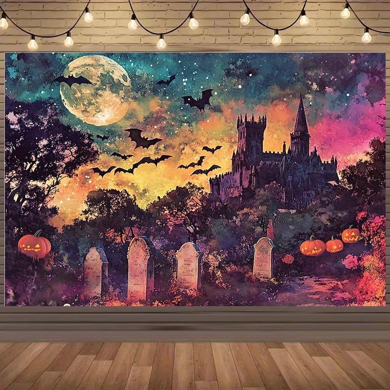 1 Halloween Background Cloth - Horror Castle with Bats Full Moon Tombstone and Pumpkin Lantern Design 150X100
