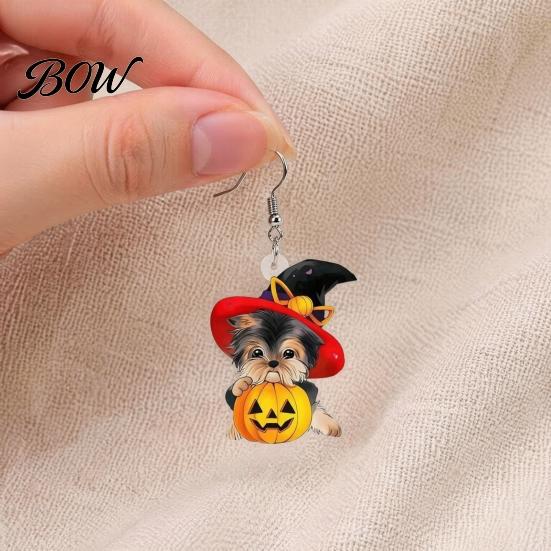 Decorative Holiday Ear Jewelry Witch Hat Puppy Earrings, Cute Dog Pumpkin Drop Halloween Gift for Her Lightweight Acrylic Jewelry, Accessories