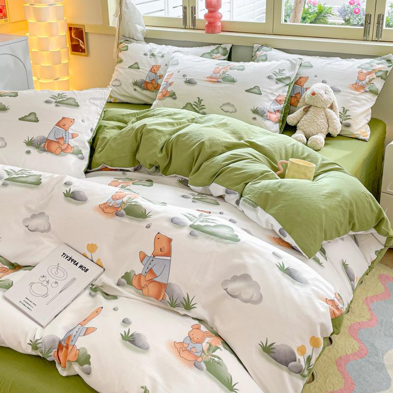 Class A Maternal And Infant Grade Washed Cotton Four-Piece Set Cotton Cartoon Small Fresh Pure Cotton Mattress Quilt Cover 3Pcs Set