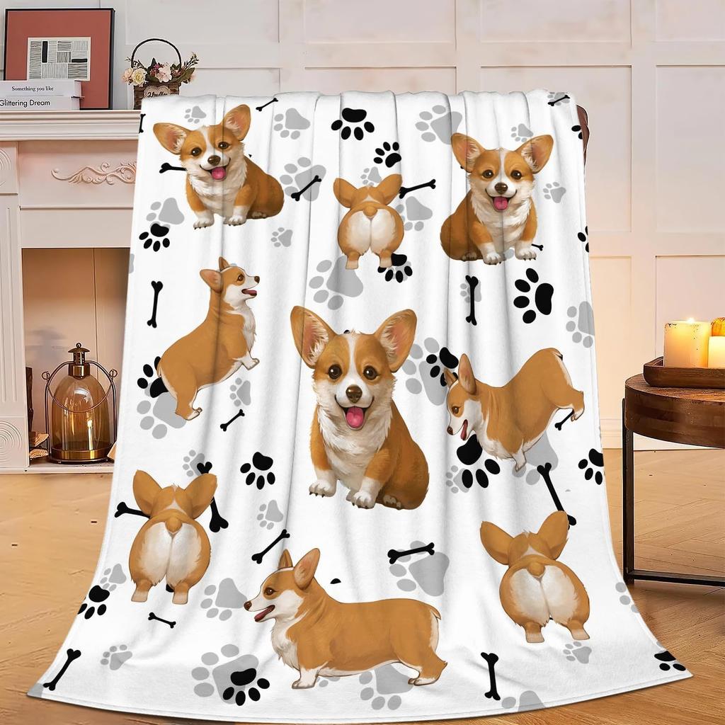 Cute Corgi Blanket Puppy Pattern Blanket Soft Flannel Blanket for Children Adult Gift Blanket
