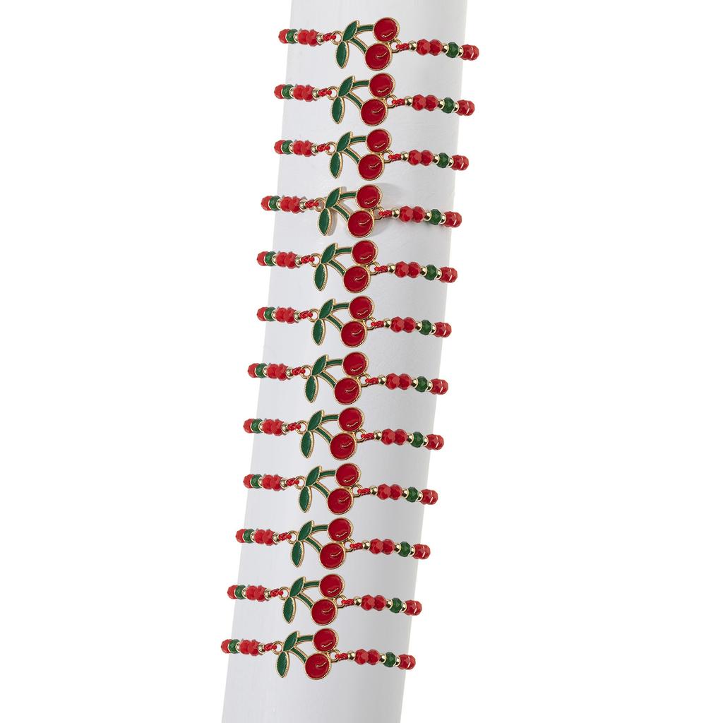 12 Pack Adjustable Cherrys Braided Bracelets With Alloy and Crystals Beads for Women Girls Gift