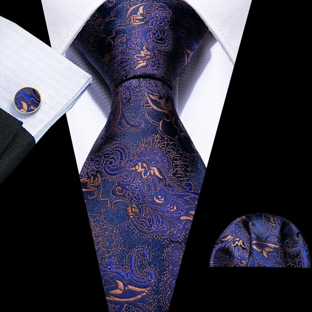 Barry.Wang Mens Striped Silk Tie Handkerchief Cufflinks Formal Necktie Set Designer
