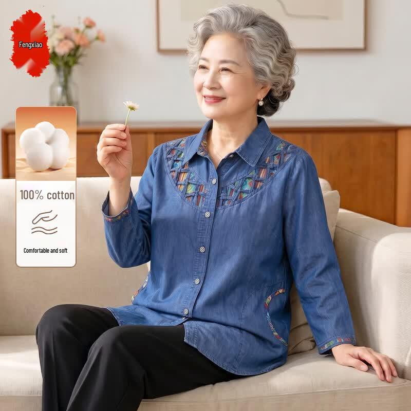 Elderly Women s Embroidered Cotton Denim Summer Casual Shirt XXL