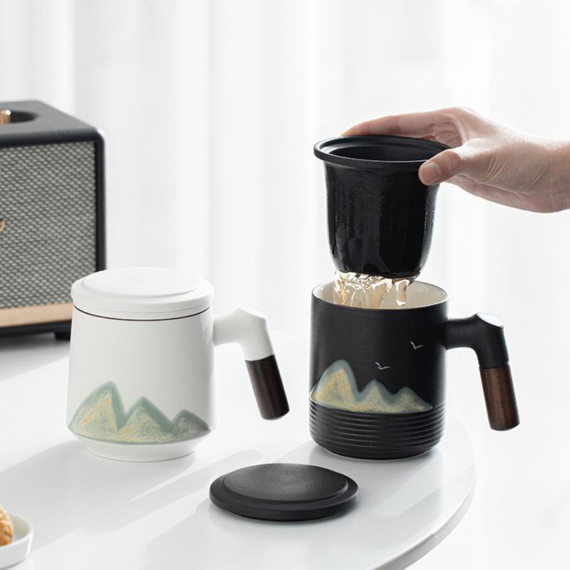 400ml Yuanshan Ceramic Mug with Lid Filter Wooden Handle Office Coffee Cup