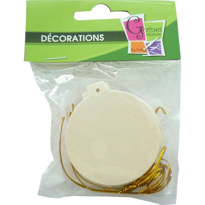 Boules en bois - A décorer - 60 mm - Lot de 6 - Ficelles or fournies - Mixte