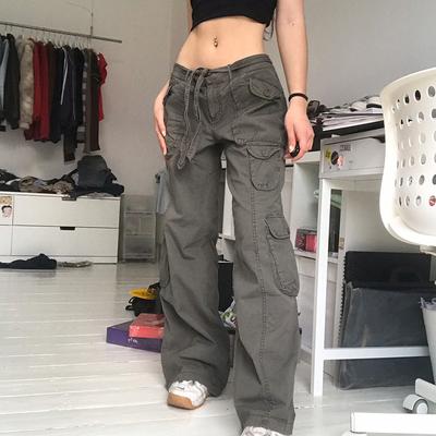 Harajuku Fashion Vintage 90S Aesthetic Low Waist Trousers Casual Baggy Jeans Pockets Cargo Pants Hip Hop Streetwear Women Pants