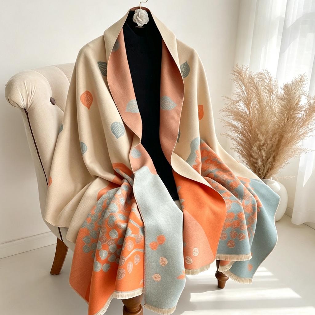 High-end double-sided jacquard leaf scarf, thickened warm autumn/winter faux cashmere shawl, versatile neck warmer