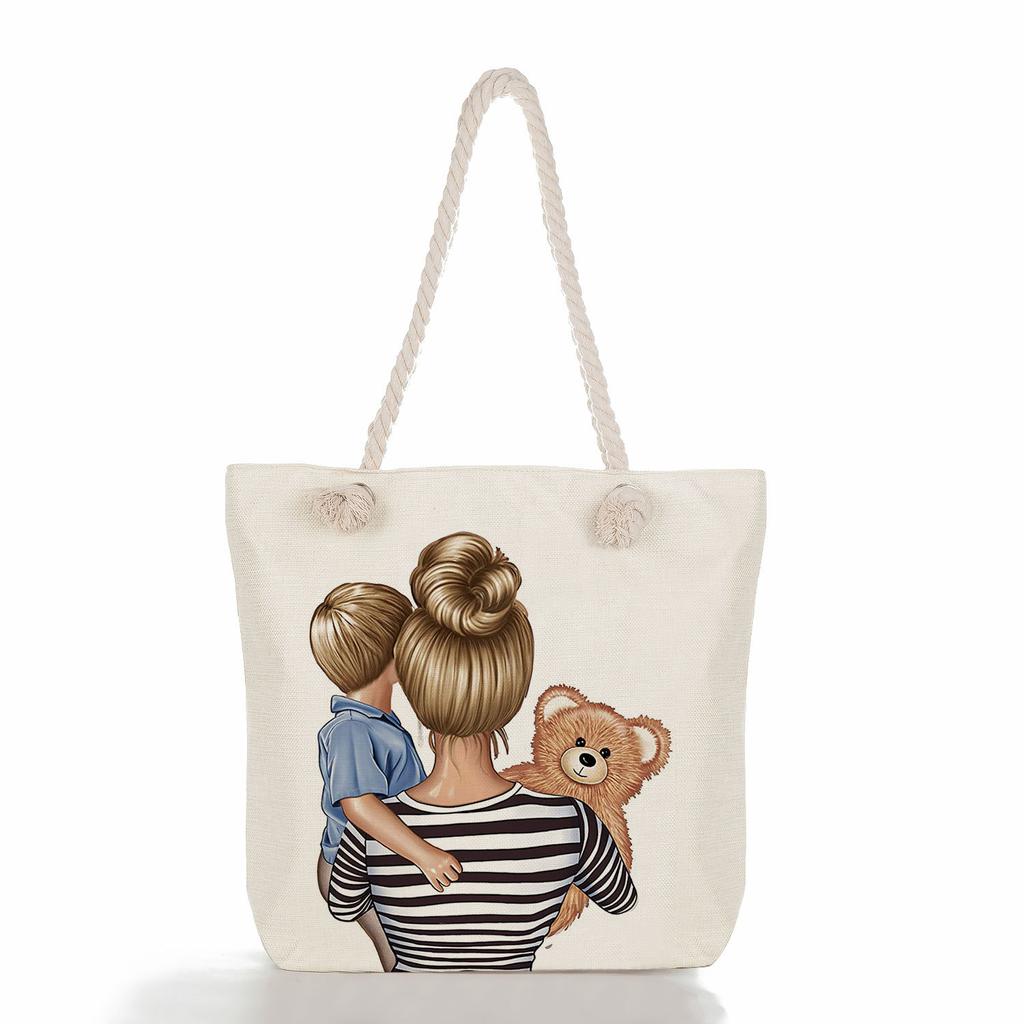 Multifunctional Mom Series Printed Thick Rope Shoulder Beach Bag Casual Large Capacity Handbag 7617
