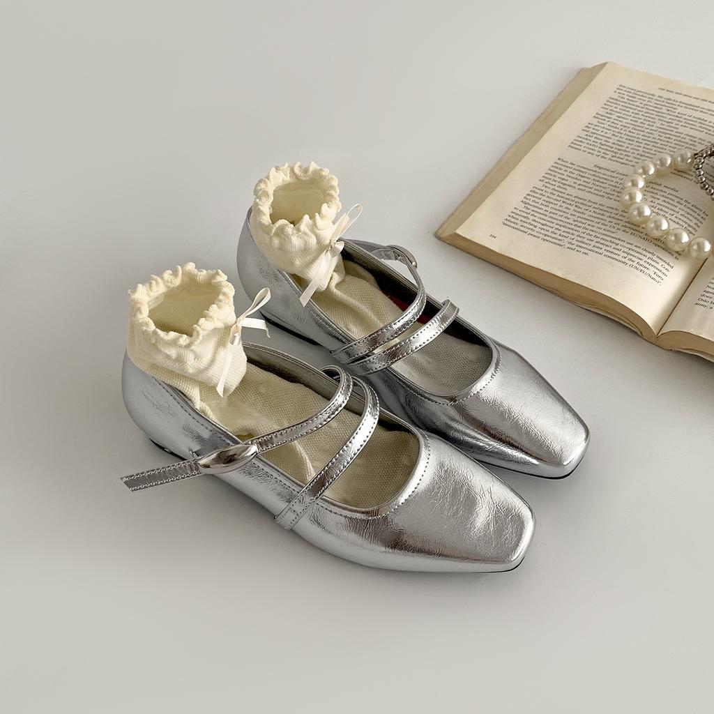 Silver French square head light mouth flat-soled single shoes women's summer 2025 new with skirt versatile soft-soled Mary Jane shoes