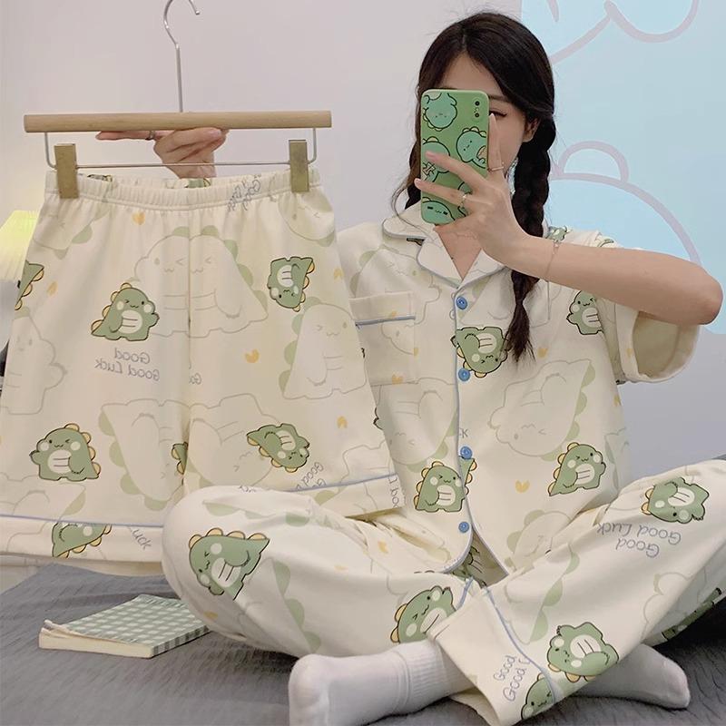 Spring And Summer Pajamas Women'S Short-Sleeved Three-Piece Cartoon Cute Little Dinosaur Lazy Style Loungewear