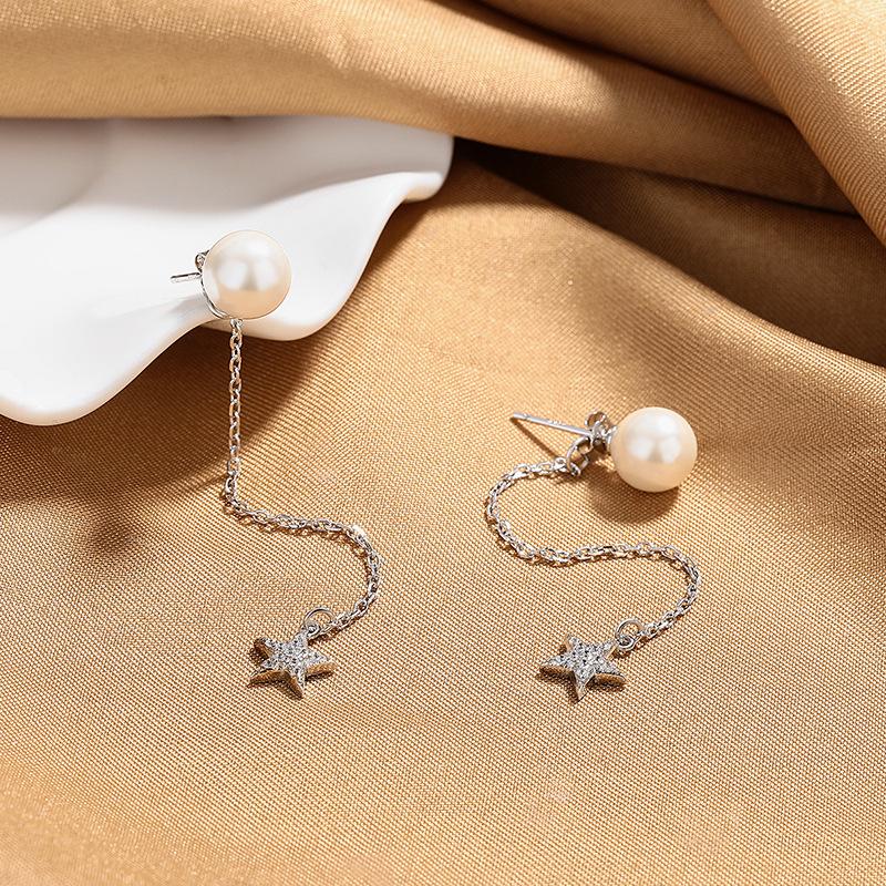 Autumn And Winter Silver Design Bead Earrings, Star Fringed Stud Earrings, Women'S Long Earrings, Double Ear Jewelry