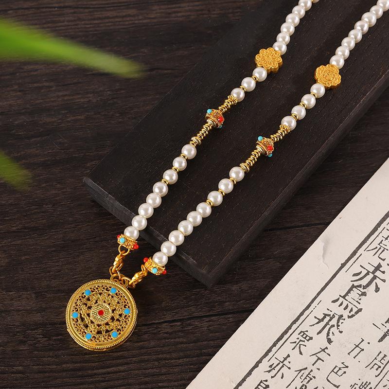 Chinese Style Pearl Necklace Hanfu Accessory Zinc Alloy Hollow Carved Pendant Long Chain Necklace