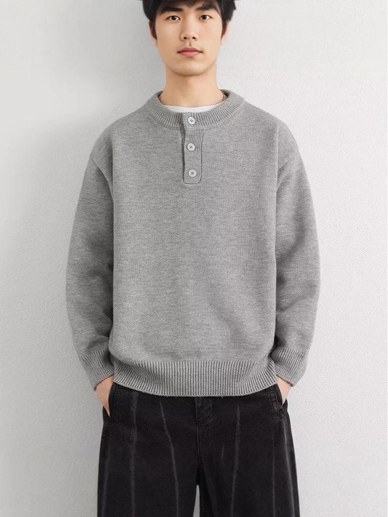 2025 Men's High-Quality Solid Color Retro Henley Knitwear for Autumn/Winter