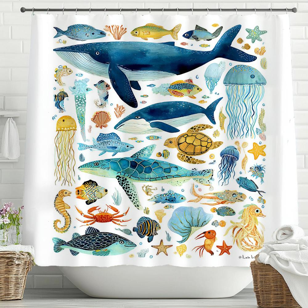 Cartoon Blue Sea Dolphin Underwater World Printed Shower Curtain, Bathroom Shower Curtain, Home Decorative Curtain With Hooks