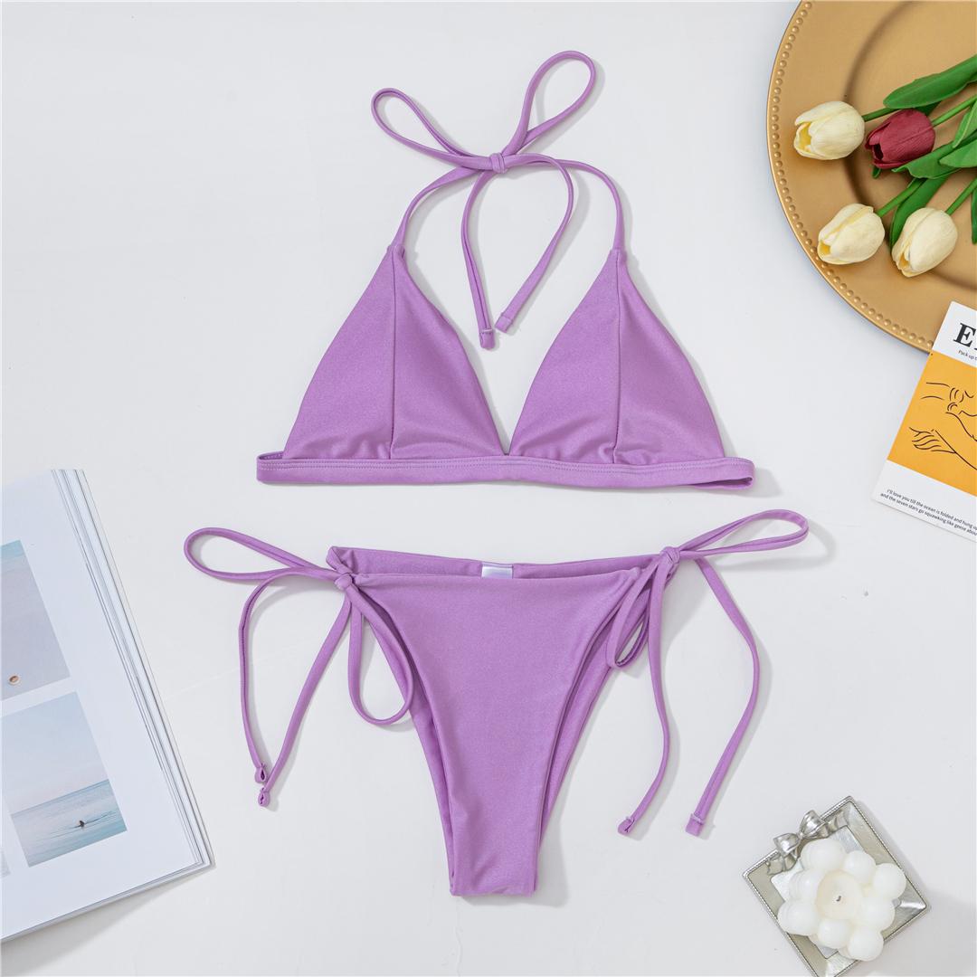 

Сексуальный мягкий бикини-стринги с бретельками через шею, женский купальник, женский купальник, комплект из двух частей, купальный костюм для плавания S светло-фиолетовый