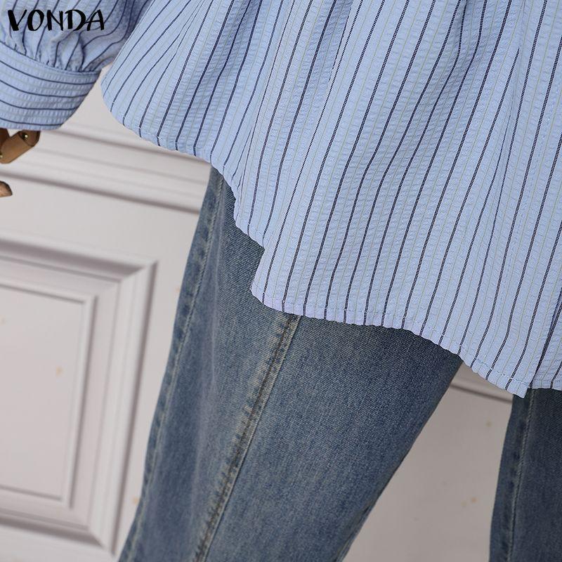 VONDA Women Turn Down Collar Long Sleeve Striped Print Slim Waist Casual Blouse Shirts