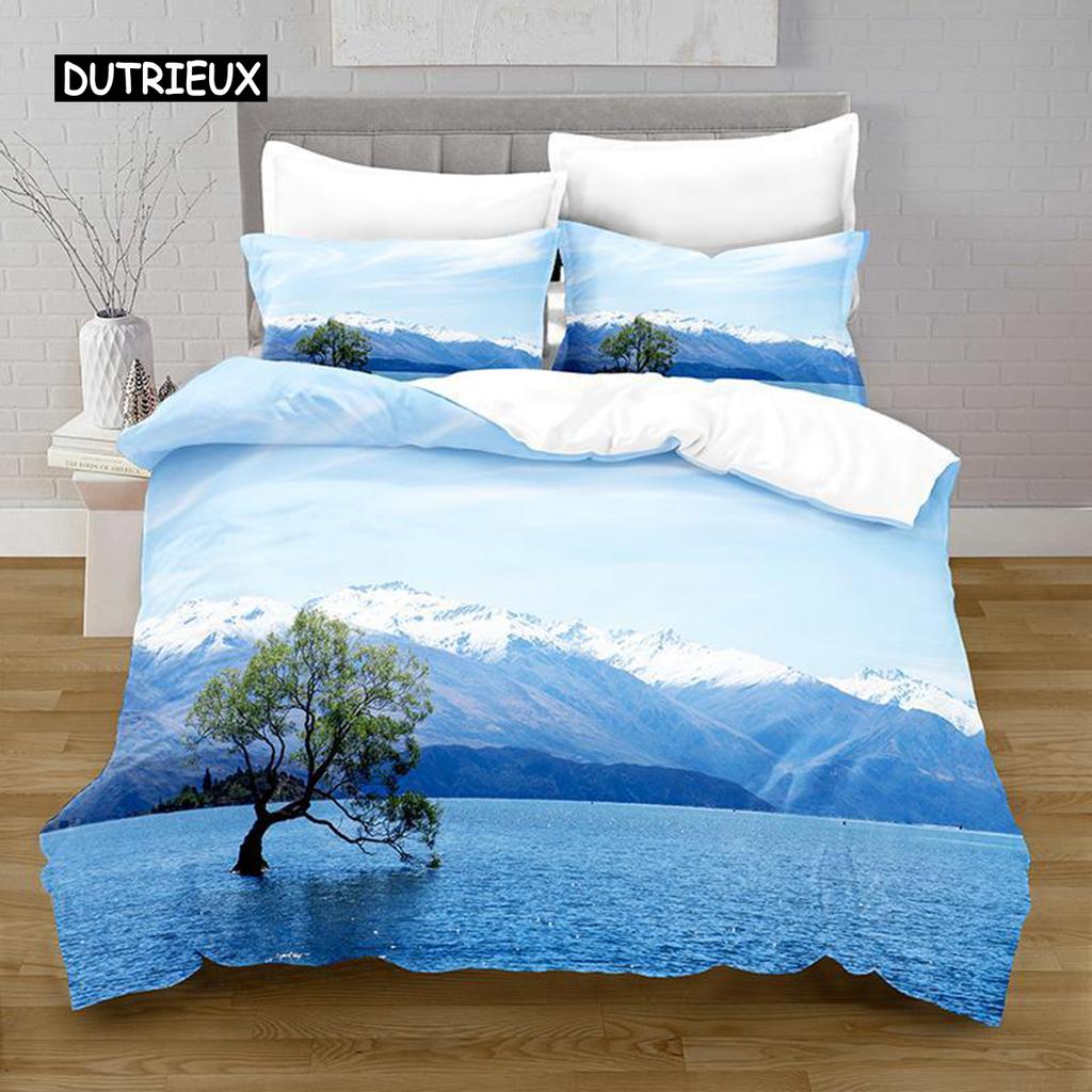Lake Duvet Cover Set Lake Mountain Peak Stone Pattern Quilt Cover For Teens Adults Natural Scenery Theme Microfiber Bedding Set
