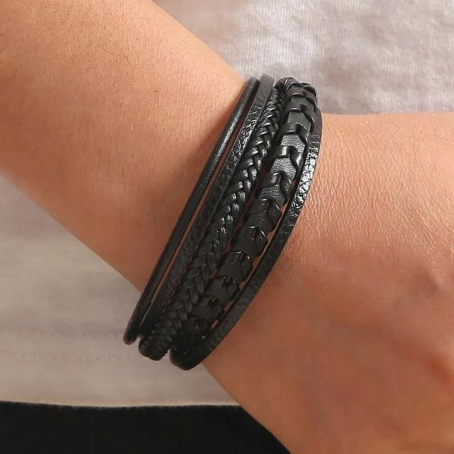 Men' Black Braided Magnetic Leather Bracelet for a Gift, Titanium