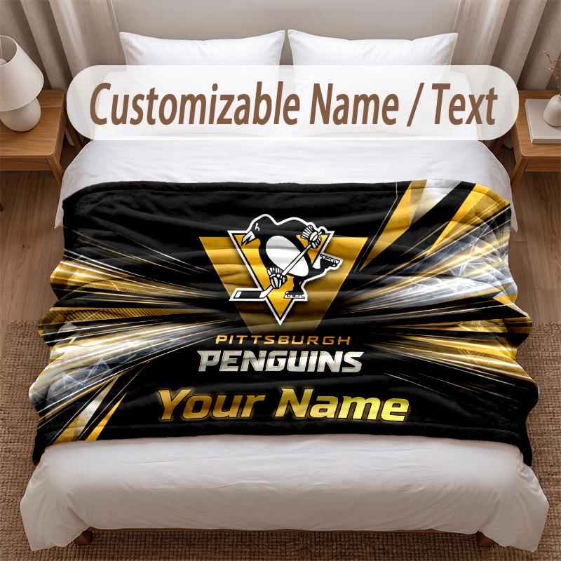Pittsburgh Penguins Printed Flannel Blanket Custom Name Text Soft Warm Throw For Bedroom Holiday Gift