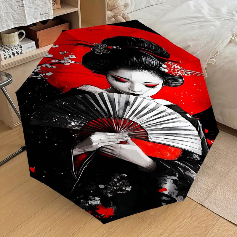 1pc Geisha Sakura Automatic Open/Close Umbrella Compact Folding Umbrella with 8-Rib Shaft for Women/Men, Elegant Birthday1182S