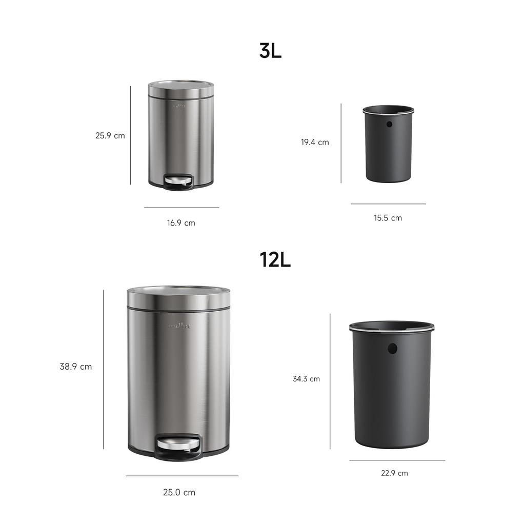 mVm Trash Set of 12L and 3L with Stylish Stainless Hidden Bag for Living and Offices Cans, 2, Capacity, Lids, Steel, Quiet, Pedal-Operated, Design,