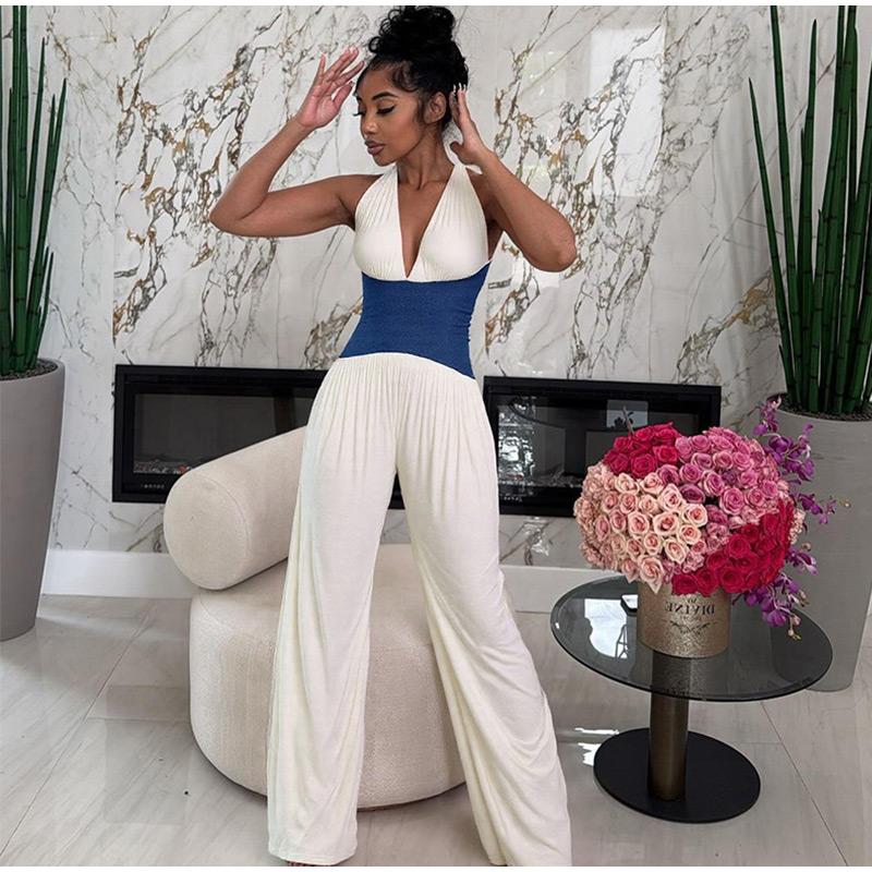 Halter Neck Sleeveless Stitching One-piece Wide-leg Pants Summer Ladies One-piece Casual Fashion Commuter Style