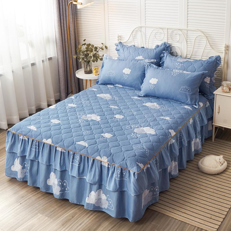 3pcs Bed Skirt Set Solid Color Quilted Thickened Lace Decoration Includes 1 Bed Skirt + 2 Pillowcases Suitable for Home And Hotel